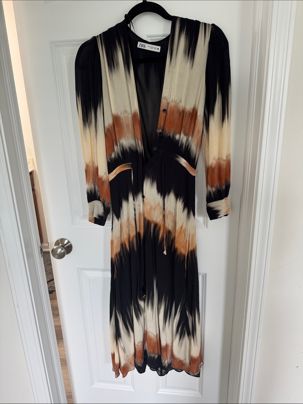 Zara Black, Tan & Cream Long Sleeve Tie-Dye Midi Dress - Picture 2 of 3